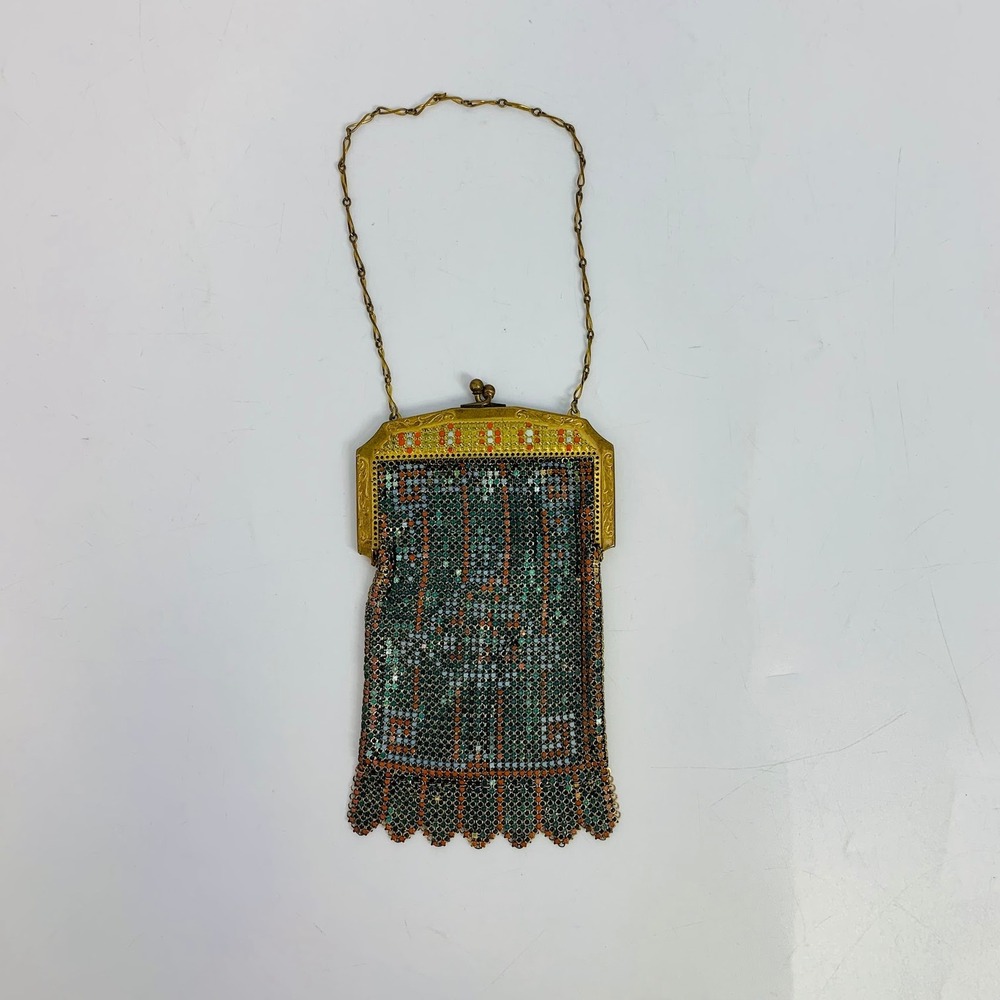 Whiting & Davis Vintage Beaded‎ Mesh Purse Evening Bag Flapper Deco Gold Frame